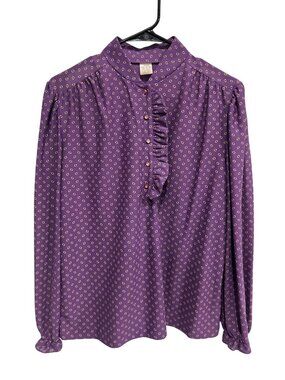 Vintage Plum Ruffle Large Blouse Geometric Print Long Sleeves Retro Romanticcore